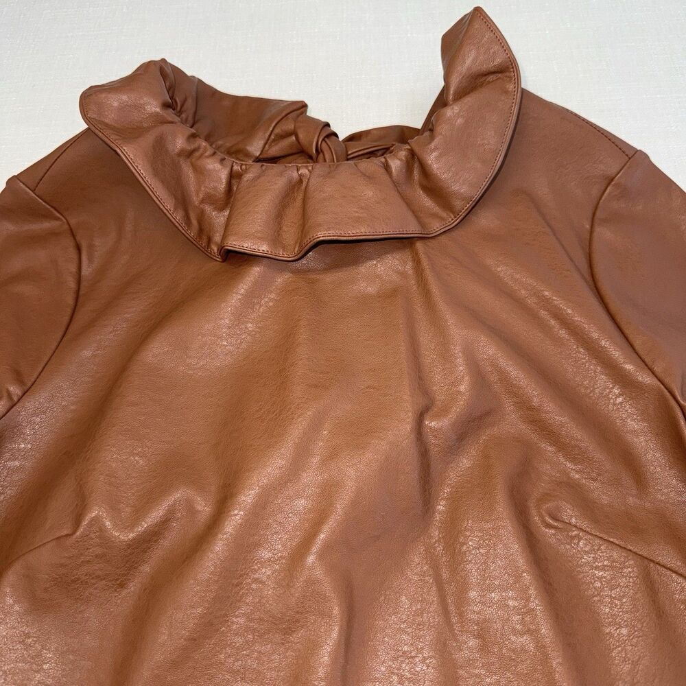 Tuckernuck Brown Coated Polyester Ruffle Neck Bow Back Blouse 3/4 Sleeve S - Picture 4 of 11